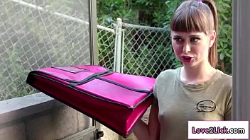 Blonde pays pizza by licking delivery chicks hairy pussy