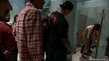 Princess Donna Dolore makes brunette slut Vicki Chase pissing in public restroom then fucking Mr Pete and licking her pussy in front of crowd