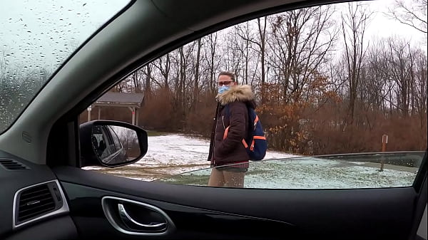 Girl receives a ride from stranger and gives him a blowjob with cum in mouth